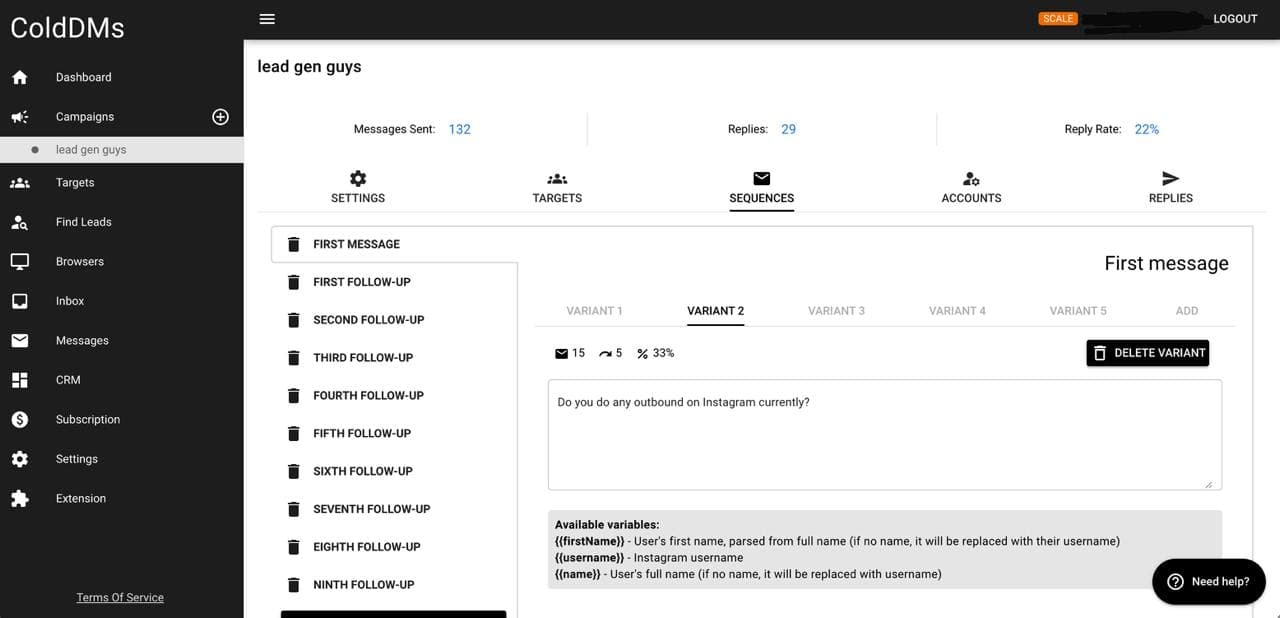 ColdDMs message sequence builder with follow-ups and variants